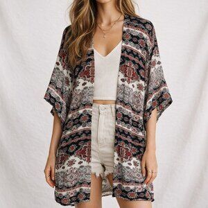 Earthbound Trading Co. Medium‎ M Black Red Boho Rayon Kimono Duster Cardigan